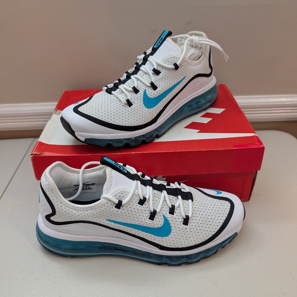 NIB. Nike White and Blue Air Max More Sneakers Size 9.5